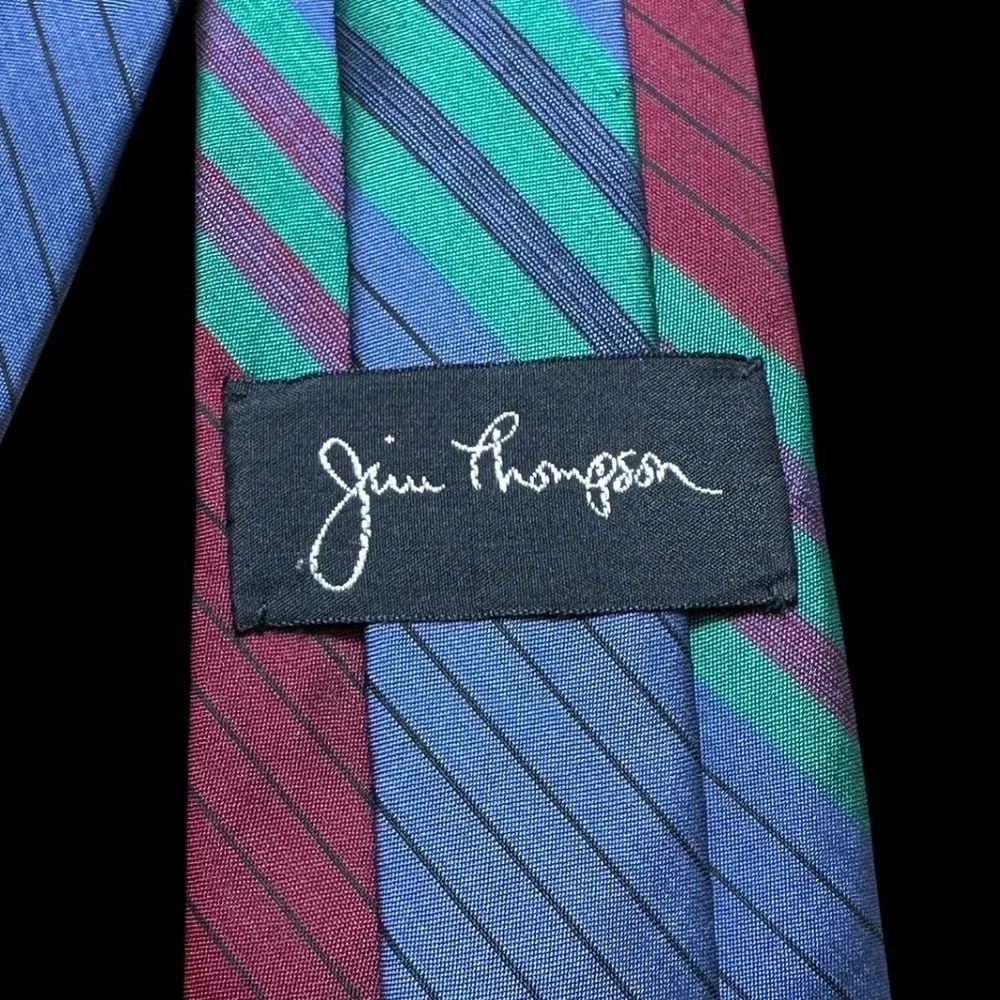 Jim Thompson Tie Blue Green Burgundy Striped Mens Necktie Hand Made Iridescent
